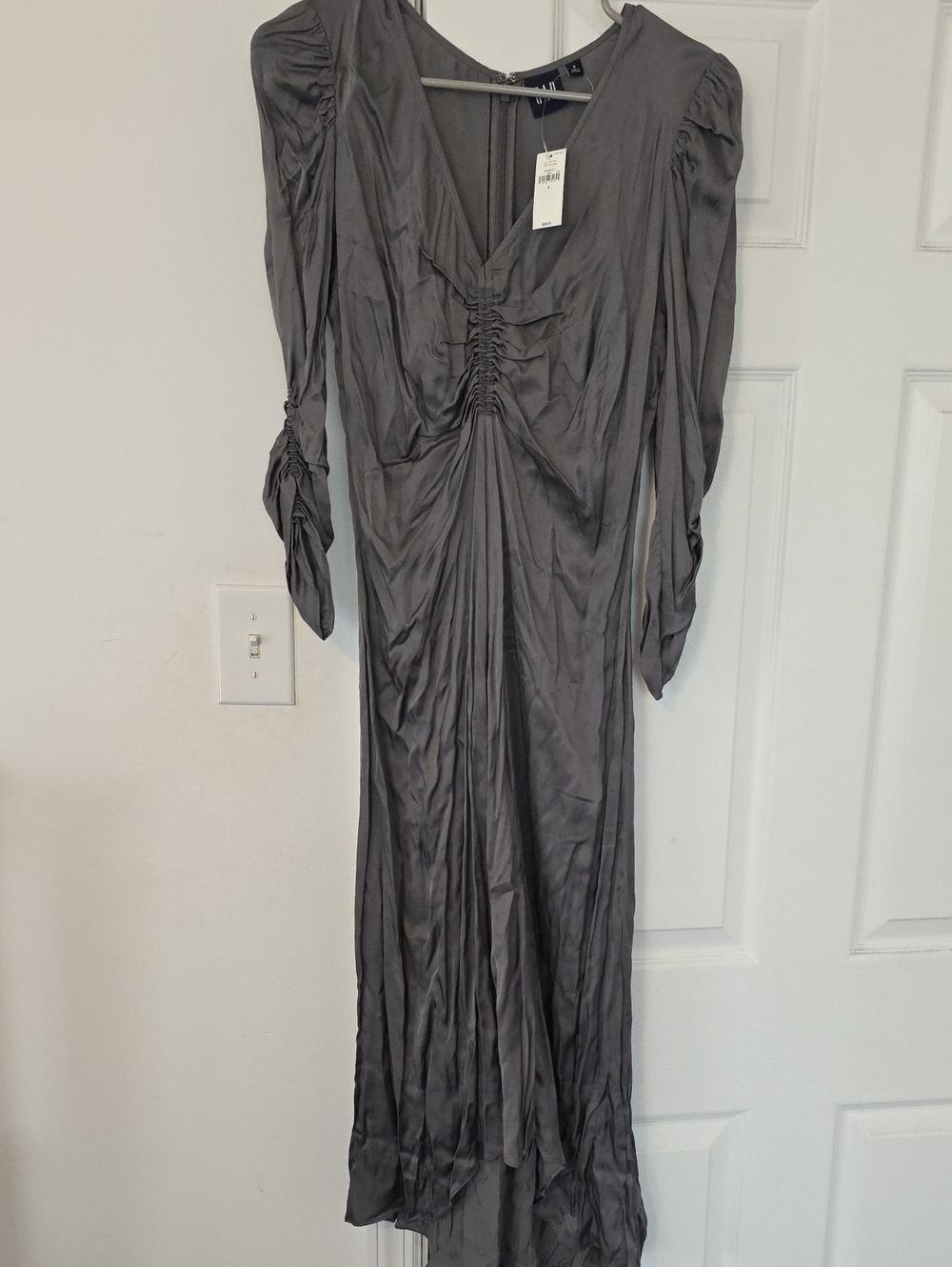 GAP Taupe-Gray Ruched V-Neck Maxi Dress
